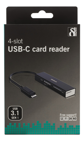 DELTACO USB 3.1 Gen 1 -muistikortinlukija, USB-C, 4 paikkaa, musta