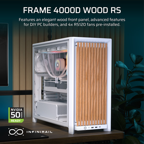 Corsair FRAME 4000D WOOD RS midi-tower chassi med f&ouml;nster, vit/ek