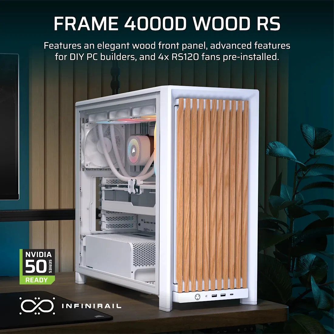 Corsair FRAME 4000D WOOD RS -miditornikotelo ikkunalla, valkoinen/tammi