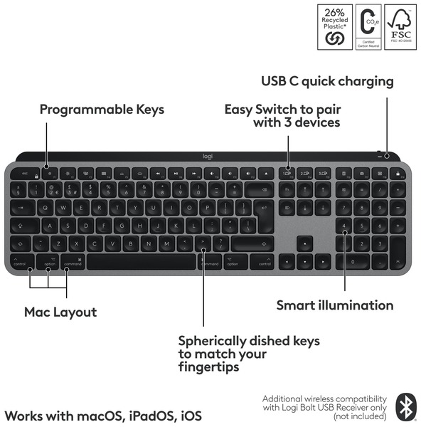 Logitech MX Keys S for Mac -langaton ergonominen n&auml;pp&auml;imist&ouml;, Space Gray