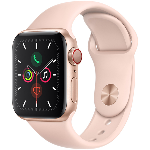 Apple Watch Series 5 GPS + Cellular, 40 mm aluminiumboett guld med Sportband sandrosa