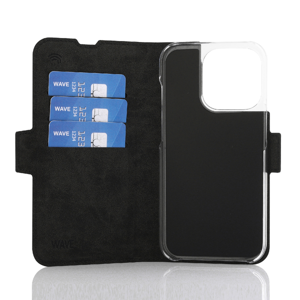 Wave Book Case musta suojakotelo Apple iPhone 15 Pro puhelimelle. MagSafe-yhteensopiva. Magneettisulkuinen kansi, korttipaikat RFID suojauksella ja l&auml;pin&auml;kyv&auml; m