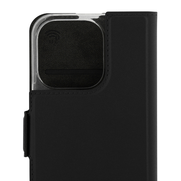 Wave Book Case musta suojakotelo Apple iPhone 15 Pro puhelimelle. MagSafe-yhteensopiva. Magneettisulkuinen kansi, korttipaikat RFID suojauksella ja l&auml;pin&auml;kyv&auml; m