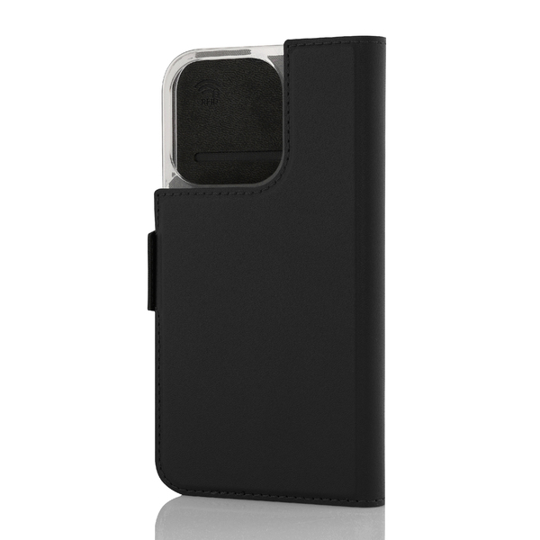 Wave Book Case musta suojakotelo Apple iPhone 15 Pro puhelimelle. MagSafe-yhteensopiva. Magneettisulkuinen kansi, korttipaikat RFID suojauksella ja l&auml;pin&auml;kyv&auml; m