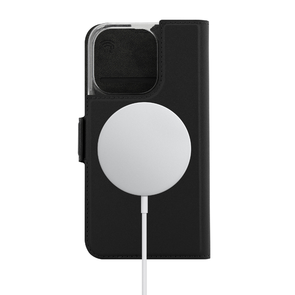 Wave Book Case musta suojakotelo Apple iPhone 15 Pro puhelimelle. MagSafe-yhteensopiva. Magneettisulkuinen kansi, korttipaikat RFID suojauksella ja l&auml;pin&auml;kyv&auml; m