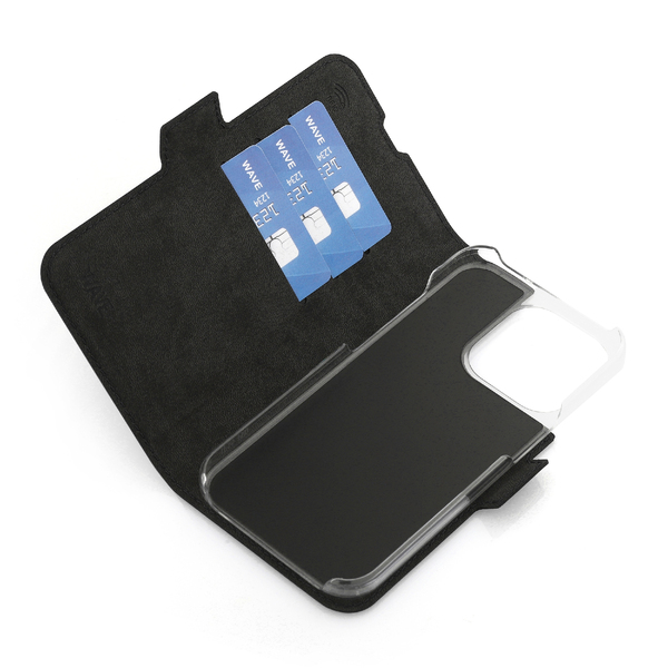 Wave Book Case musta suojakotelo Apple iPhone 15 Pro puhelimelle. MagSafe-yhteensopiva. Magneettisulkuinen kansi, korttipaikat RFID suojauksella ja l&auml;pin&auml;kyv&auml; m