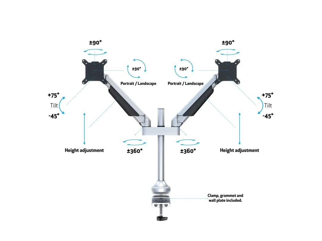 Multibrackets M VESA Gas Lift Arm Dual monitorarm f&ouml;r 2 sk&auml;rmar, 15-32", med gasfj&auml;der, 10 kg, silver