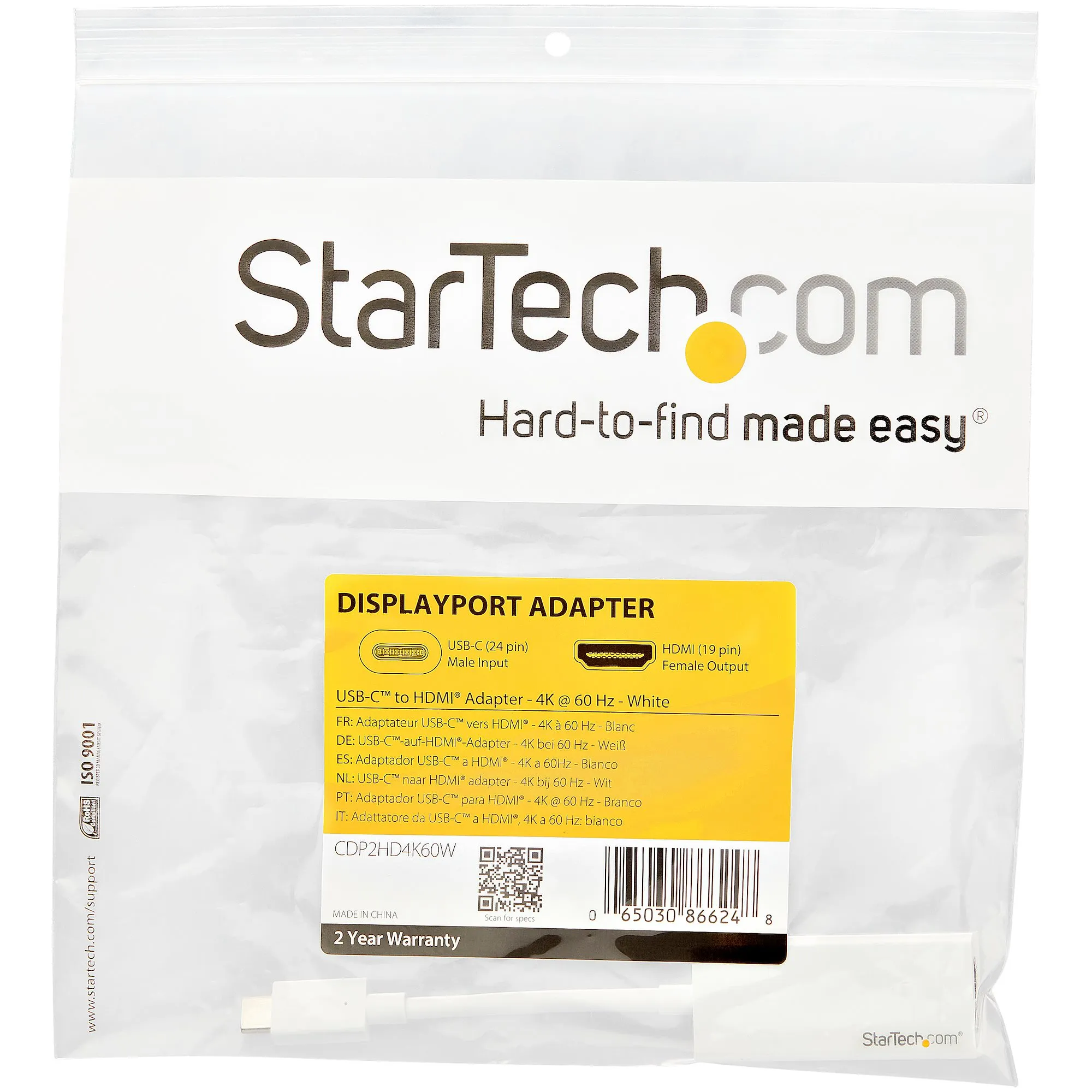StarTech USB-C to HDMI Adapter - White - 4K 60Hz -adapteri, Valkoinen