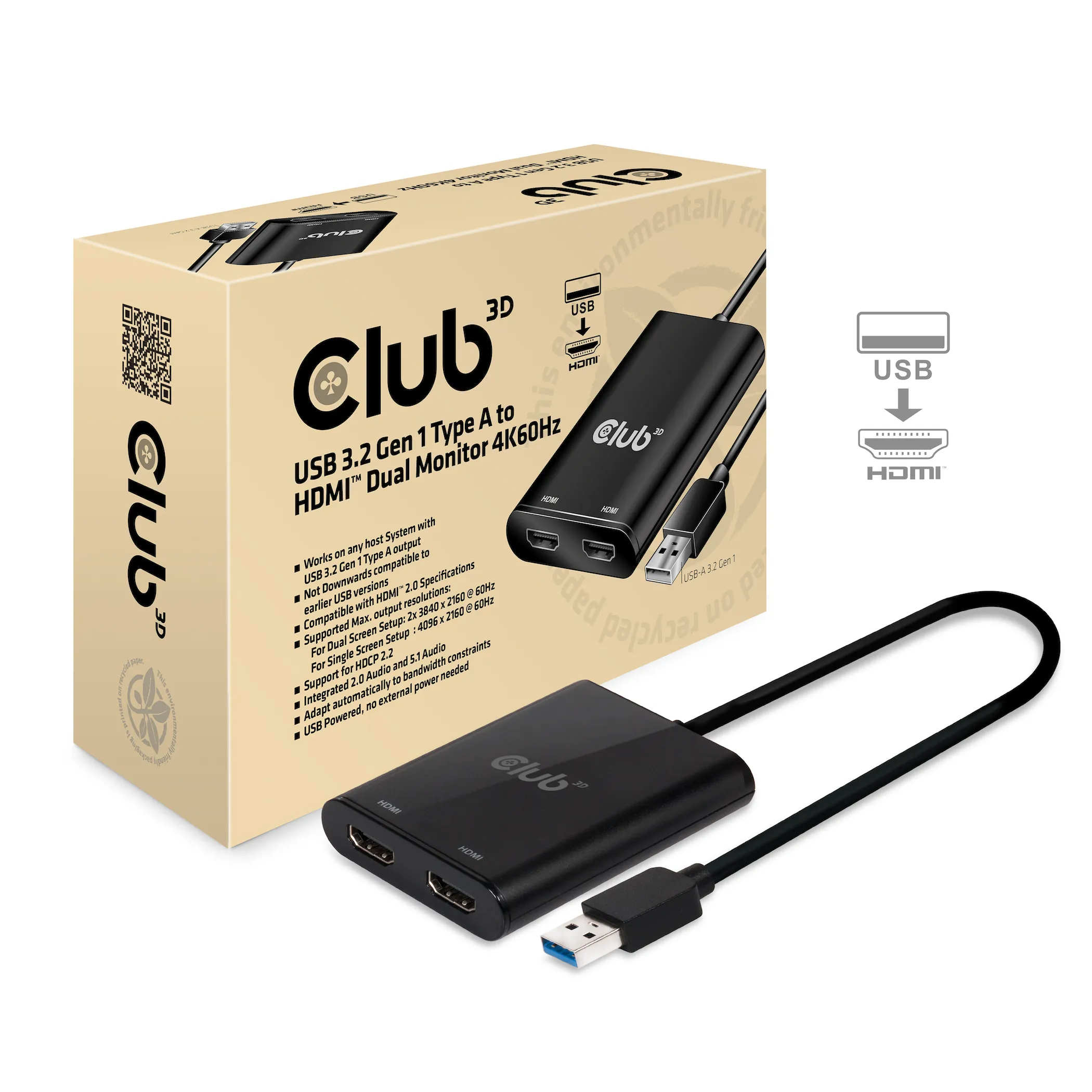 Club 3D 3.1 Gen1 USB-A - 2x 2.0 HDMI - adapter, Black