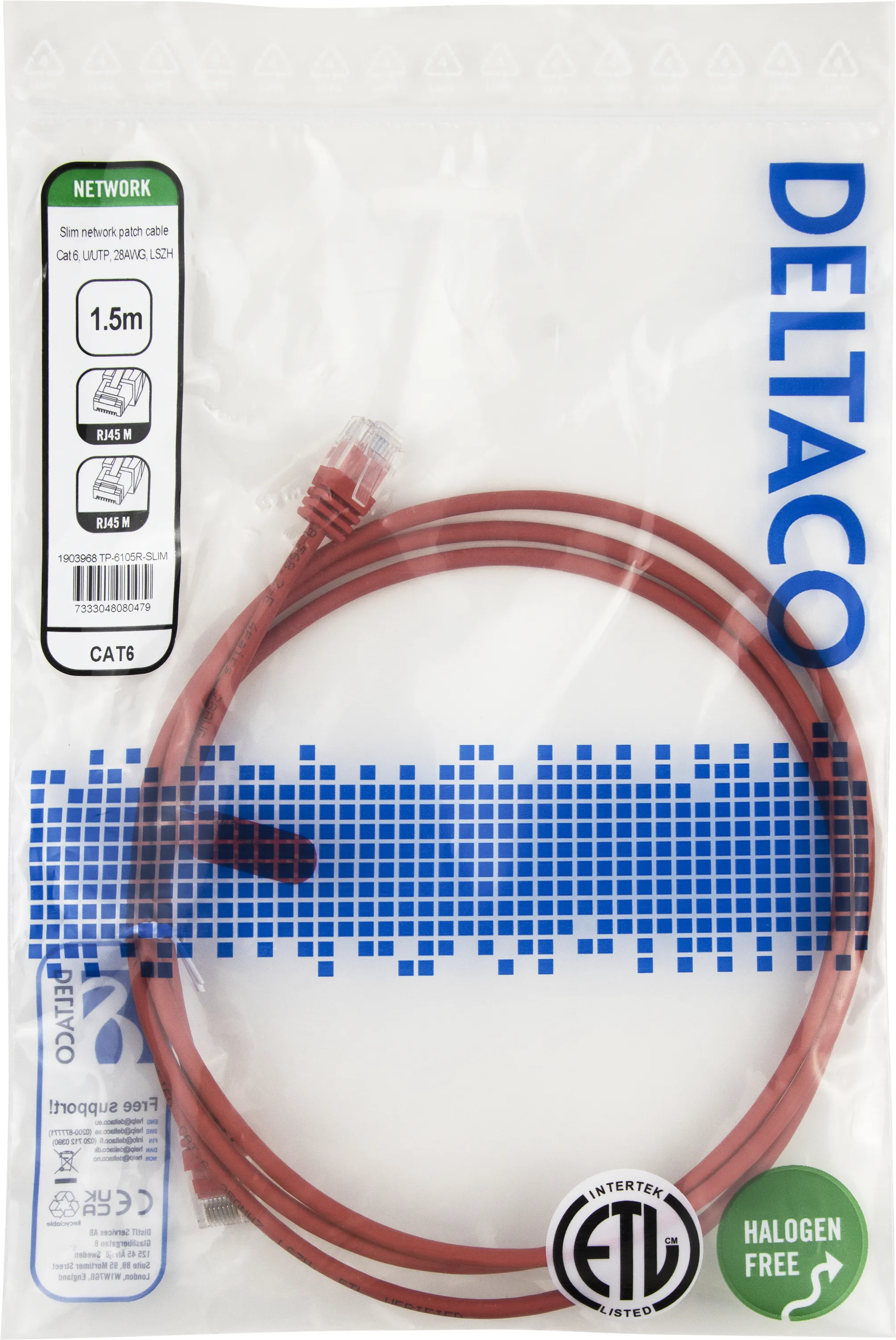 Deltaco Cat6 UTP RJ45 1.5m n&auml;tverkskabel, r&ouml;d