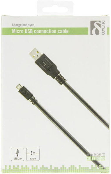 DELTACO USB 2.0 kaapeli Type A ur - Type Micro B ur, 5-pin, 3m, musta