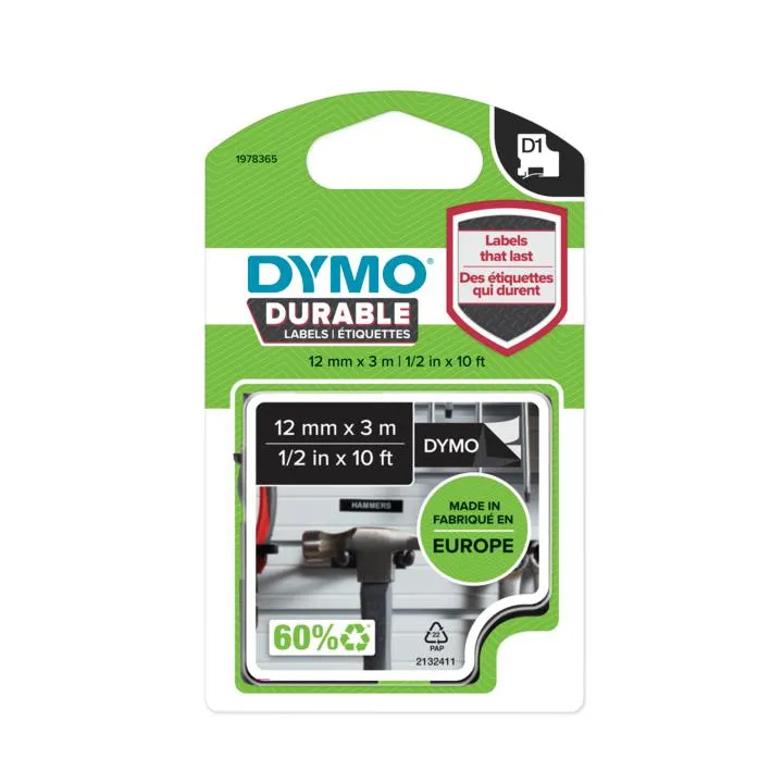 Dymo Durable D1 tape, 12mm, 3m,  vit text p&aring; svart tejp