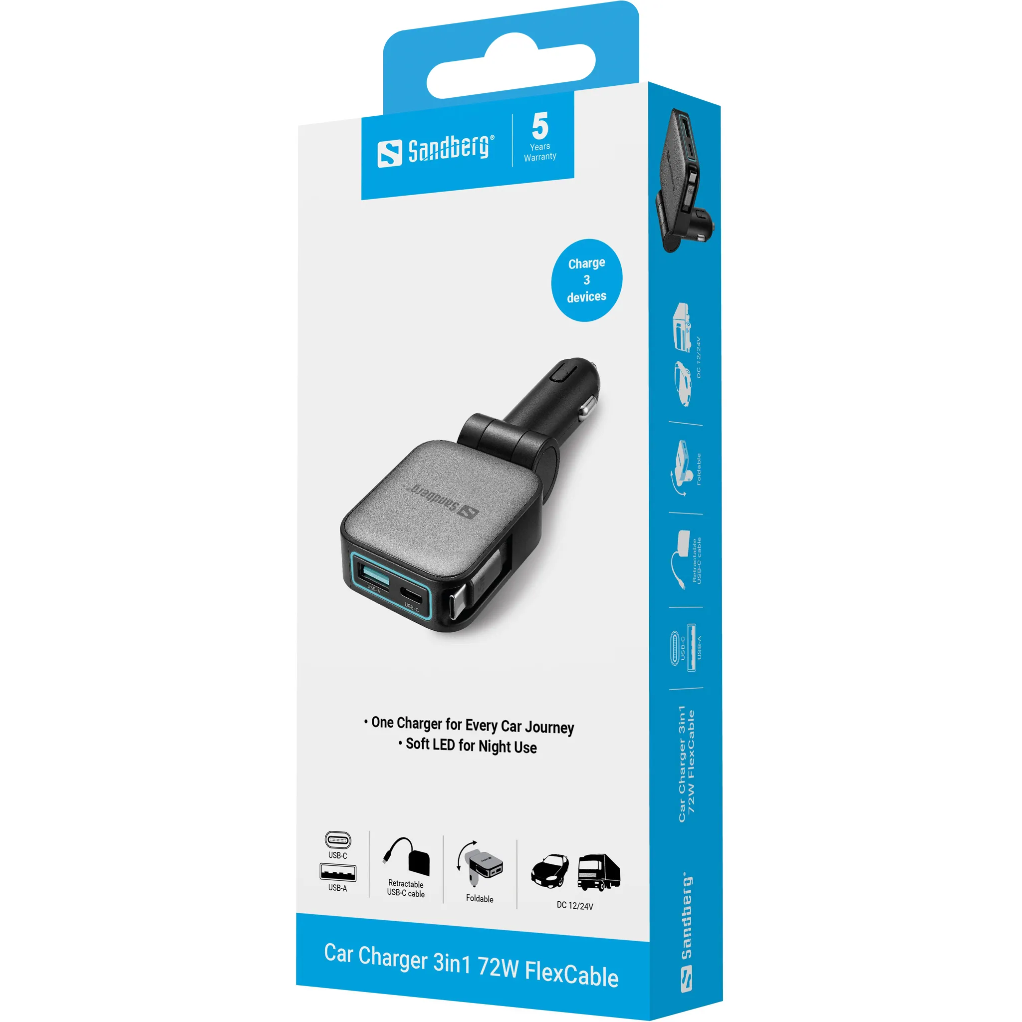 Sandberg 3in1 FlexCable, 1 x USB-C, 1 x USB-A, 72W, PD 45W, PPS - billaddare, 0,75 m