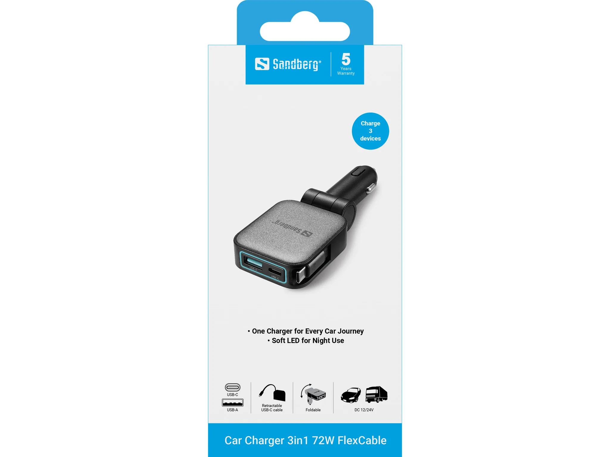 Sandberg 3in1 FlexCable, 1 x USB-C, 1 x USB-A, 72W, PD 45W, PPS - billaddare, 0,75 m