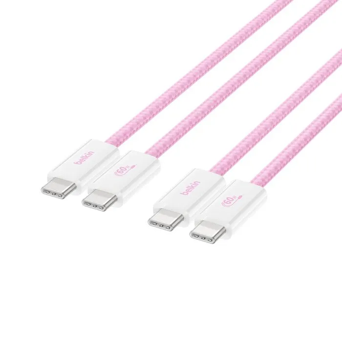 Belkin BoostCharge USB-C &ndash; USB-C -kaapeli, 60 W, 1,5 m, vaaleanpunainen