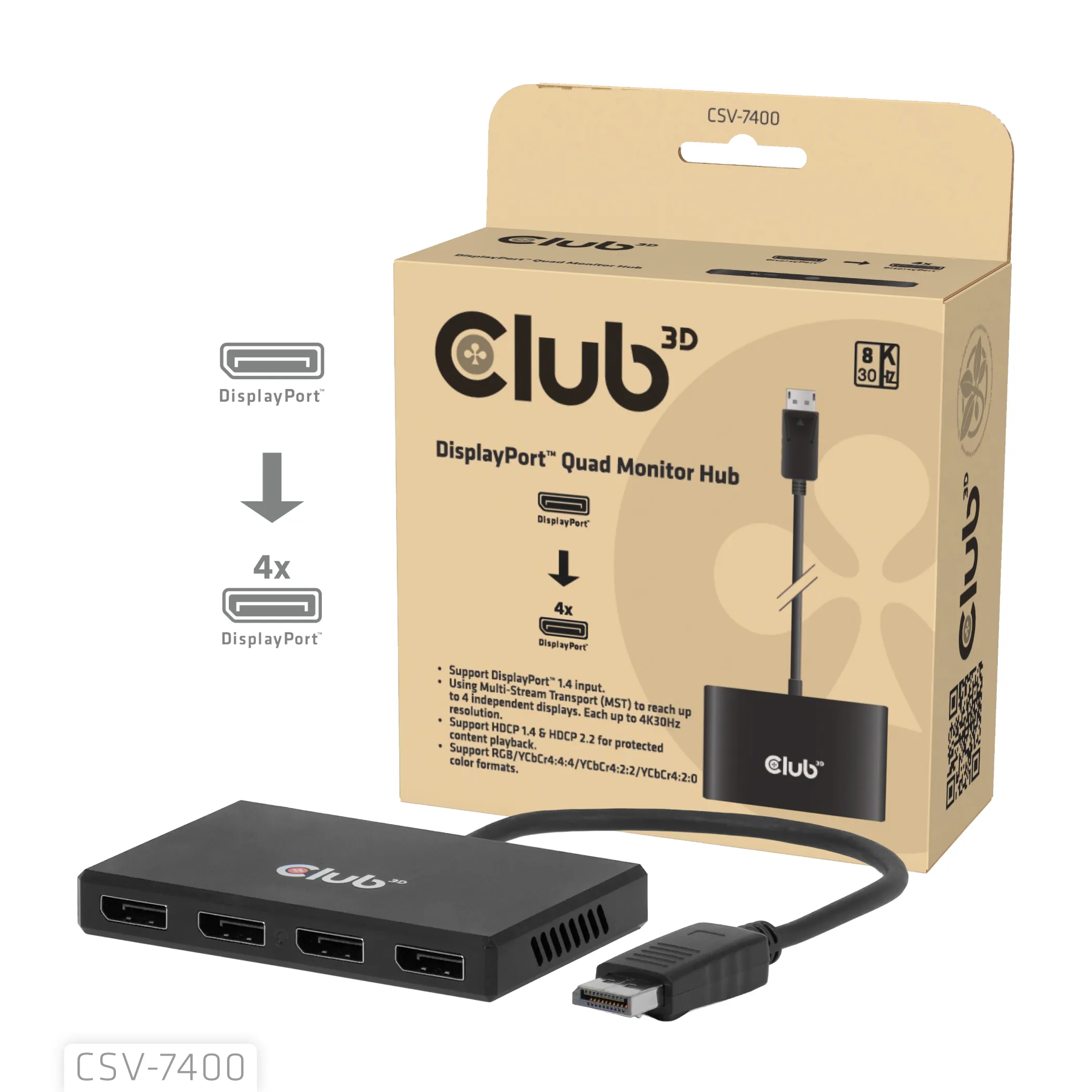 CLUB 3D CSV-7400 4-Port DisplayPort to DisplayPort Hub, Black
