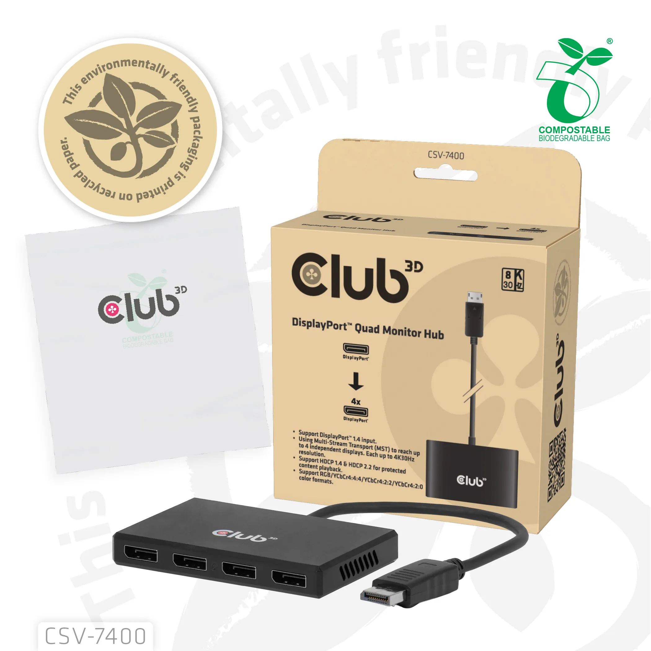 CLUB 3D CSV-7400 4-Port DisplayPort to DisplayPort Hub, Black