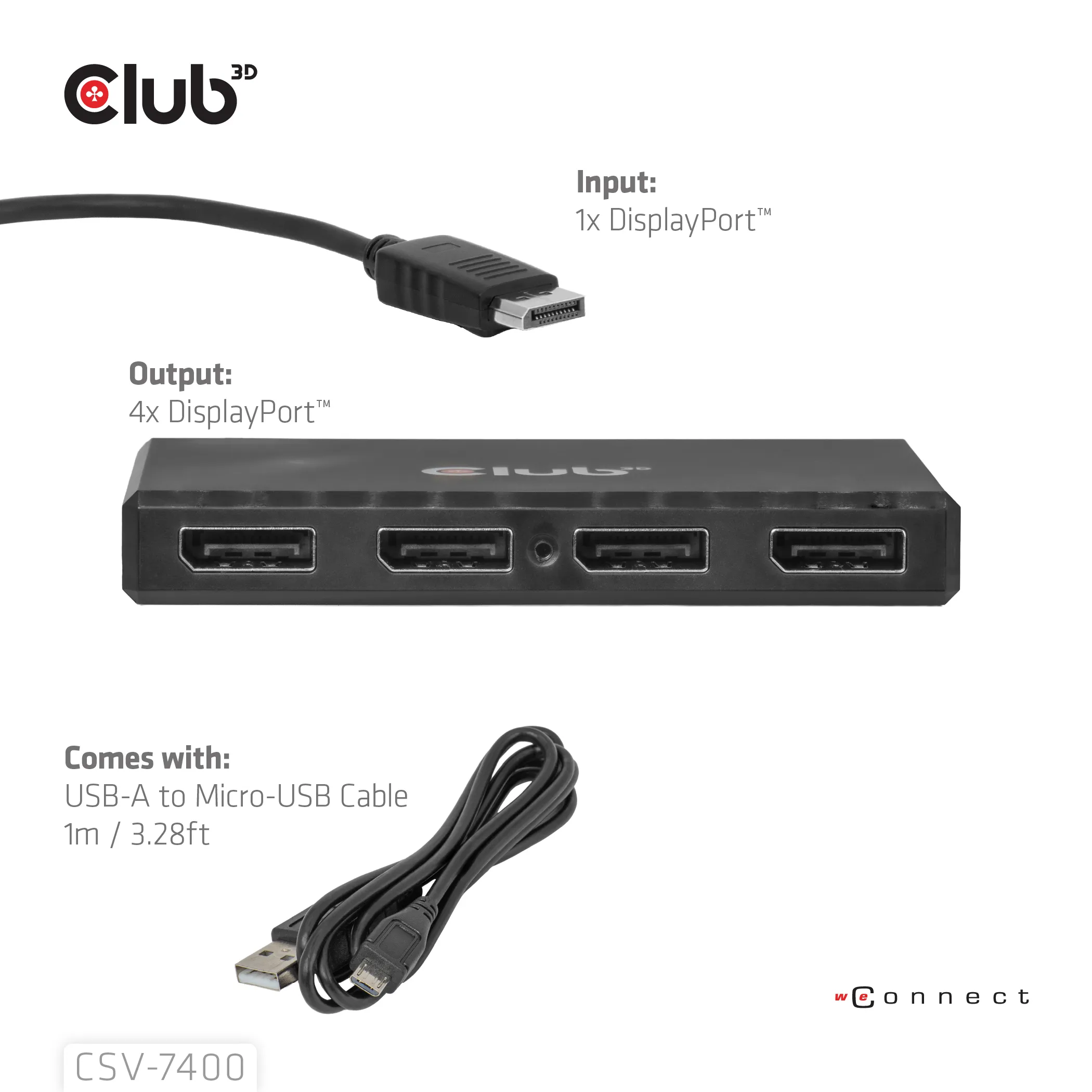 CLUB 3D CSV-7400 4-Port DisplayPort to DisplayPort Hub, Black