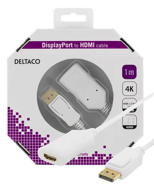 Deltaco DisplayPort &ndash; HDMI - cable, 1 m, White