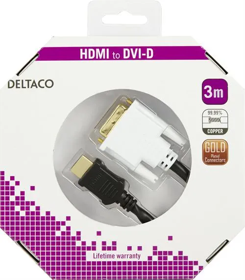 Deltaco HDMI &ndash; DVI-D -kaapeli, 3 m, Musta/Valkoinen
