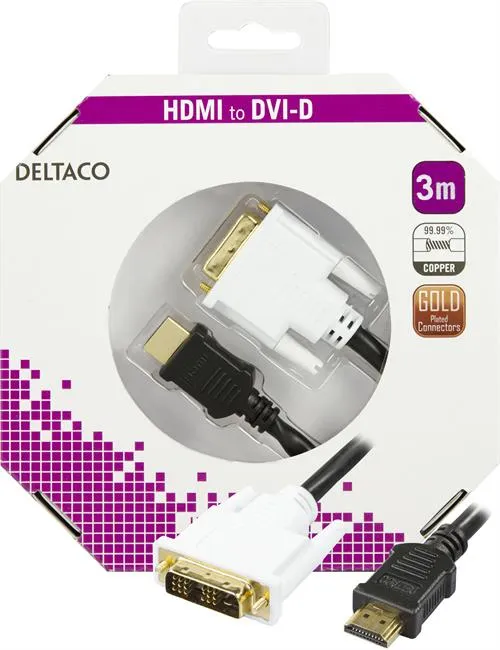 Deltaco HDMI &ndash; DVI-D -kaapeli, 3 m, Musta/Valkoinen