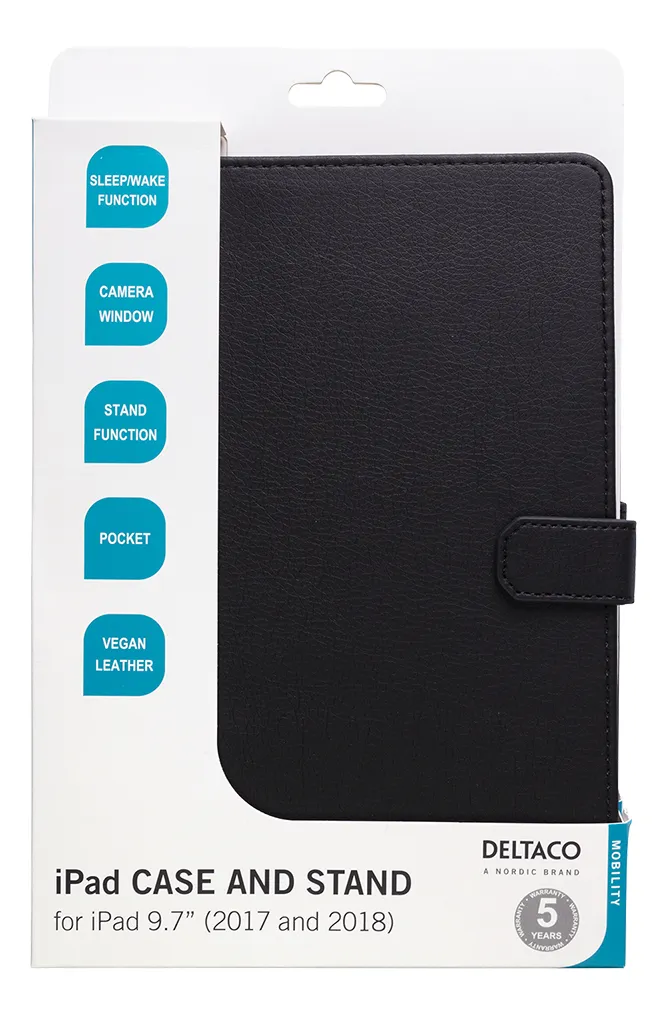 DELTACO iPad 9.7" 2017/2018 case, vegan leather, sleep/wake, stand