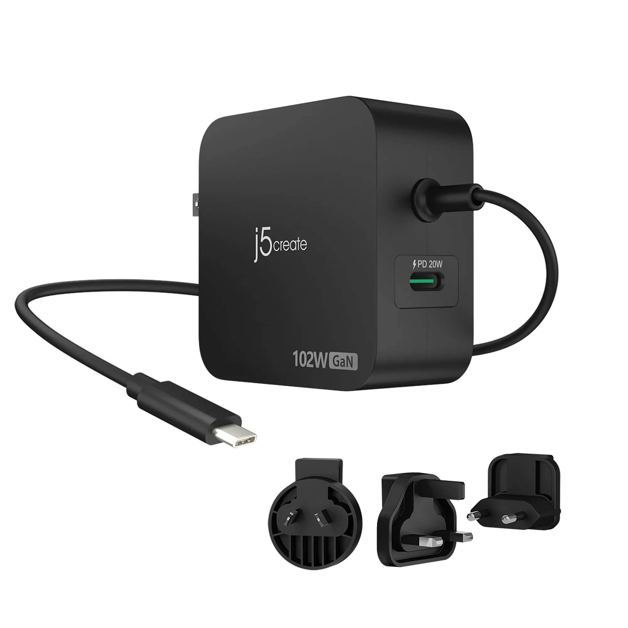 J5create102W GaN PD USB-C 2-Port - V&auml;ggladdare, svart