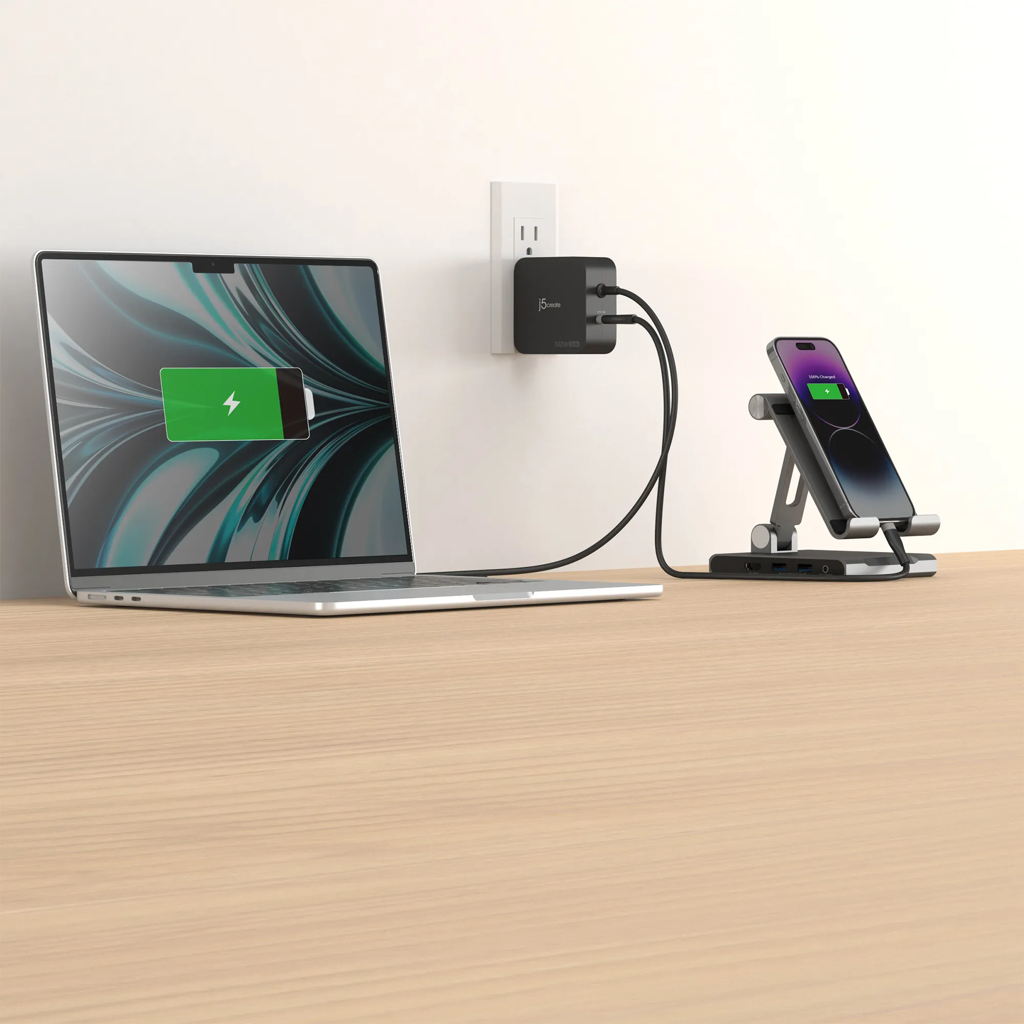 J5create102W GaN PD USB-C 2-Port - V&auml;ggladdare, svart
