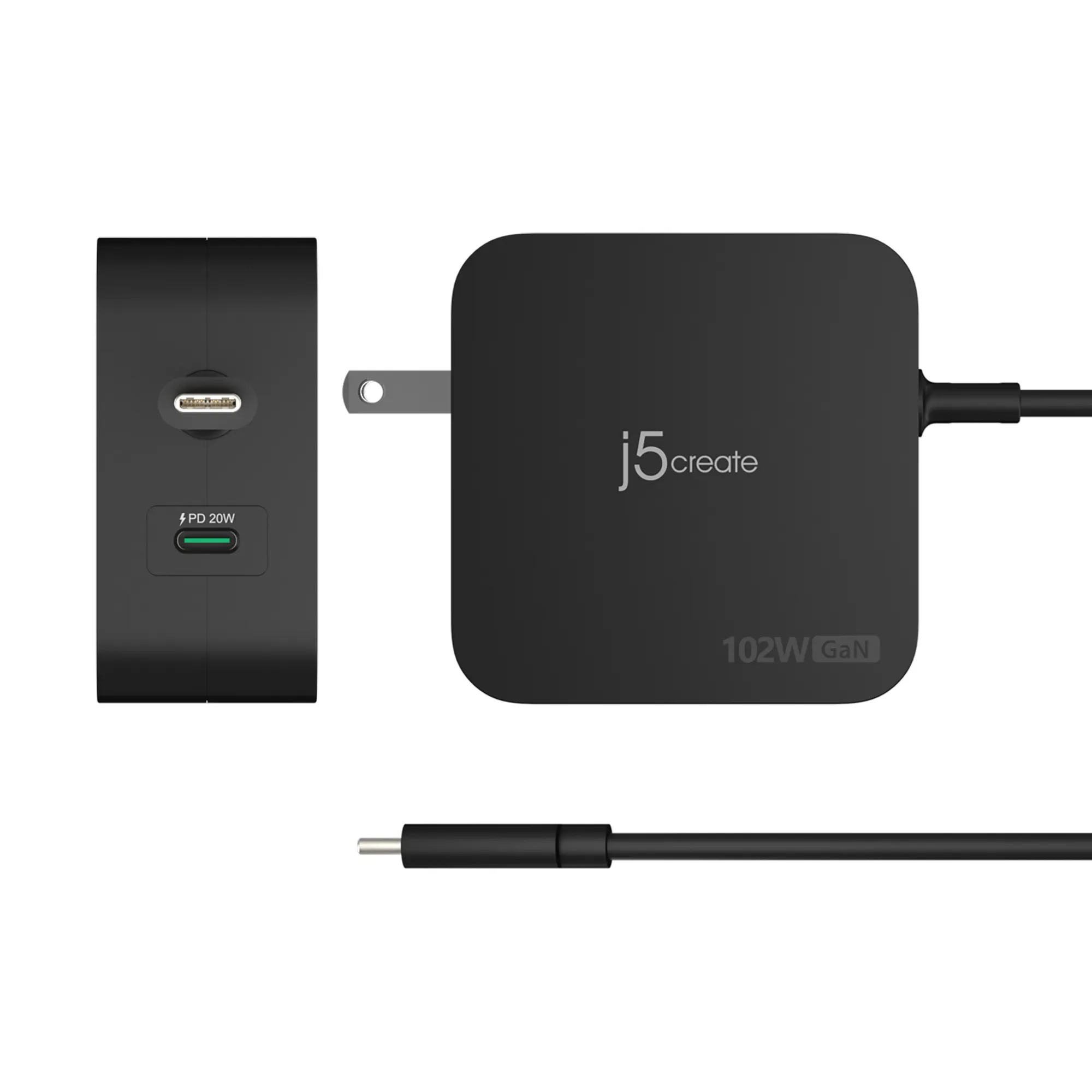 J5create102W GaN PD USB-C 2-Port - V&auml;ggladdare, svart