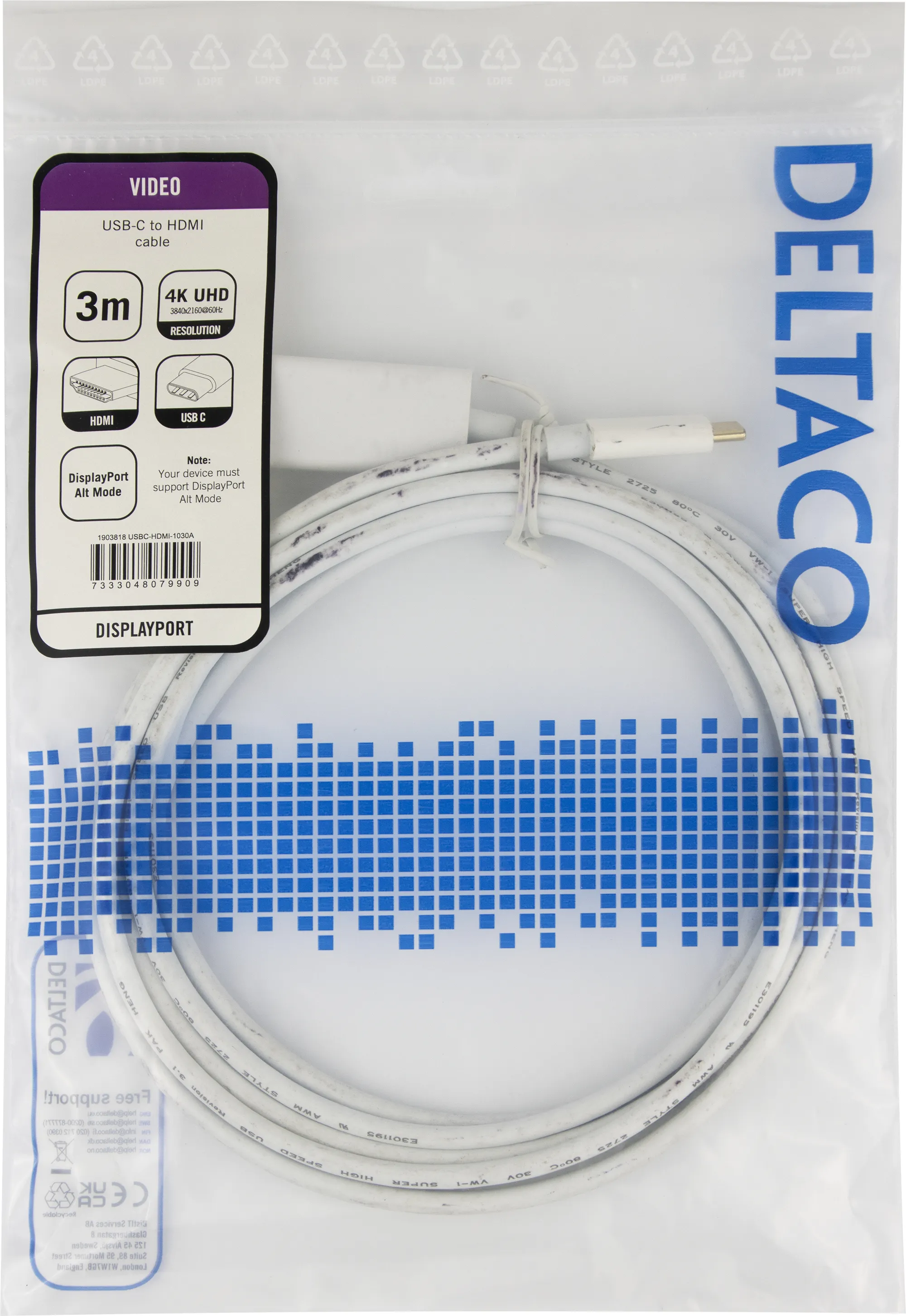 Deltaco USB-C &ndash; HDMI -kaapeli, 3 m, valkoinen