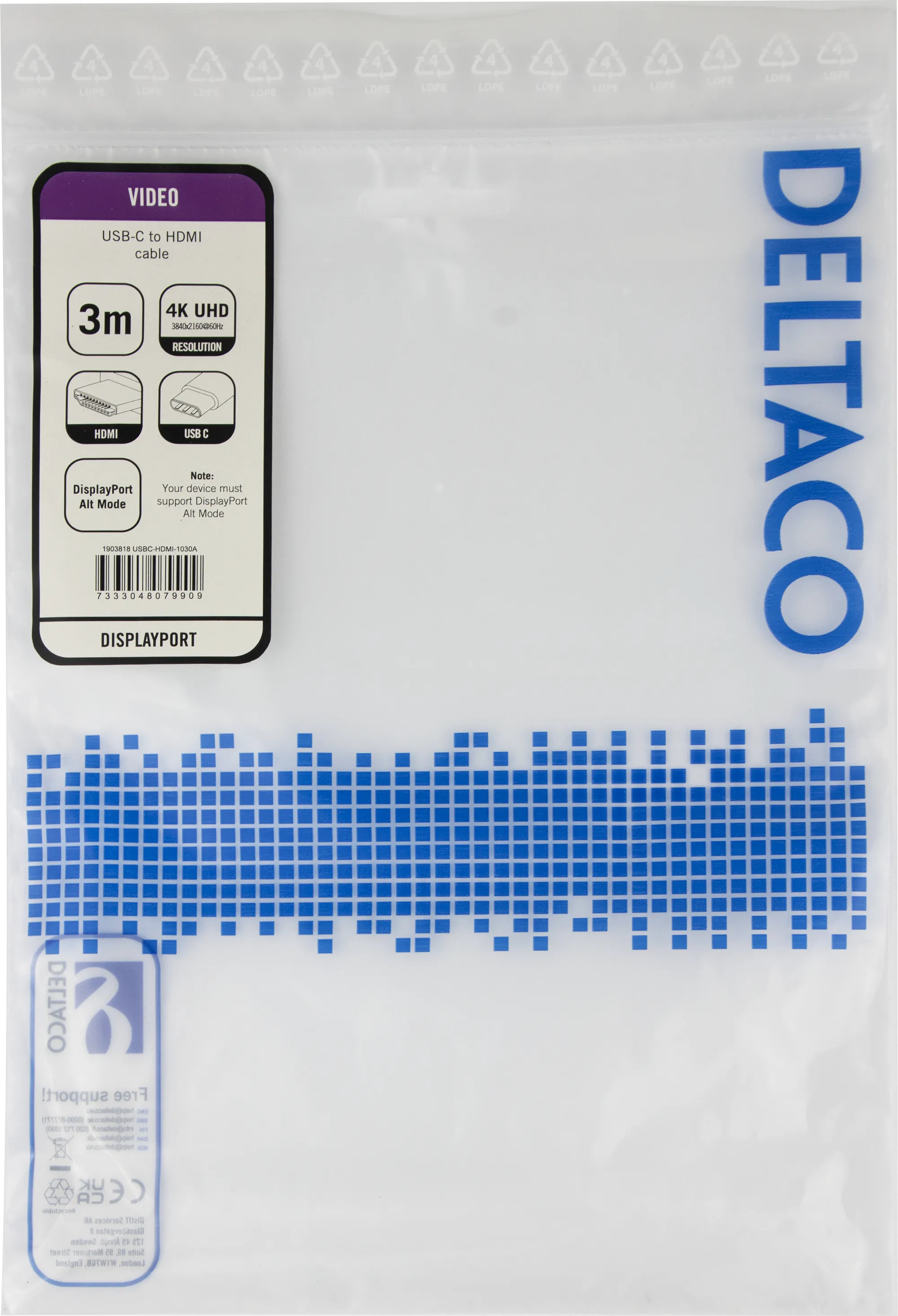Deltaco USB-C &ndash; HDMI -kaapeli, 3 m, valkoinen