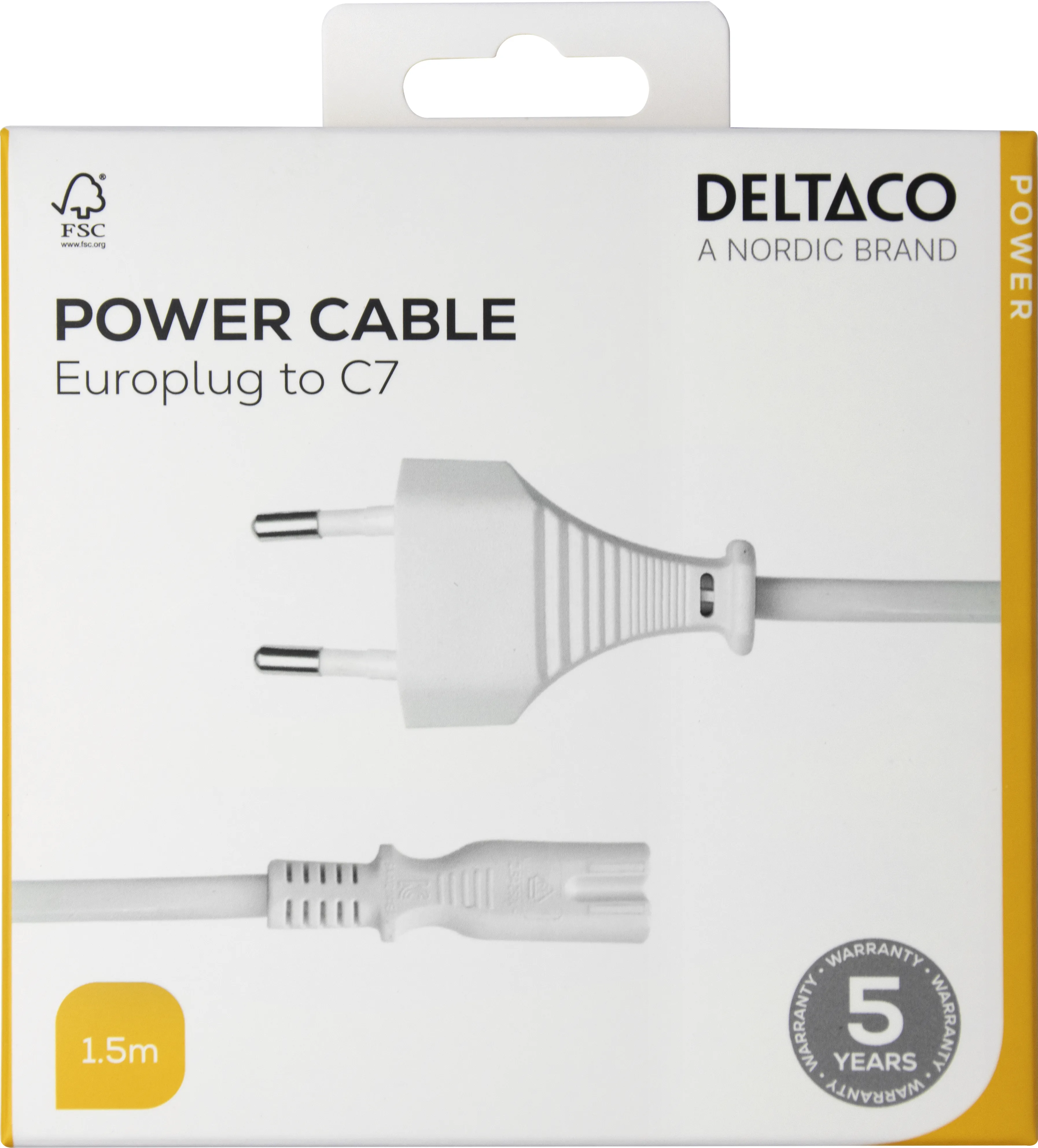 Deltaco CEE 7/16 - C7 - power cord, White, 1.5m