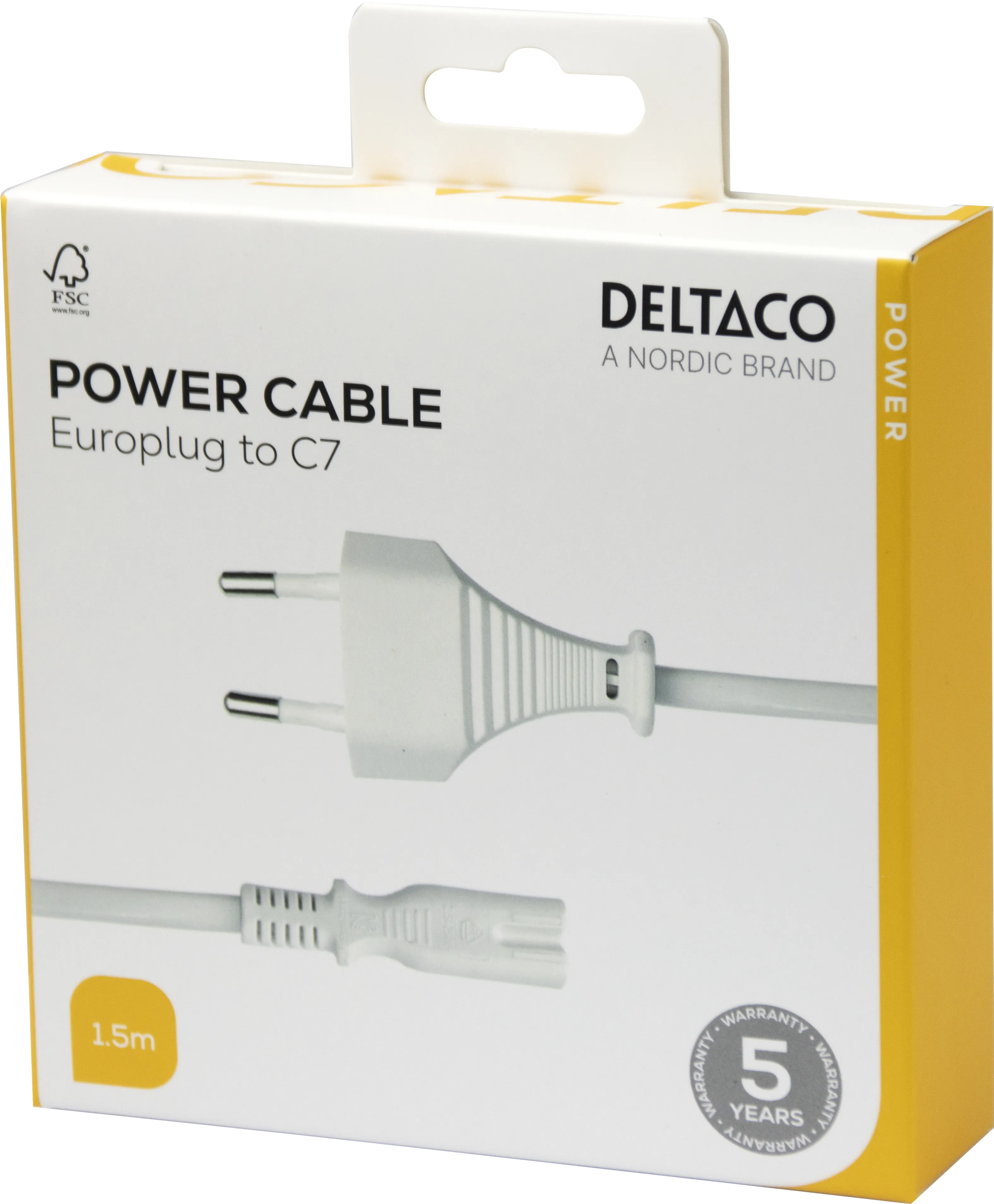 Deltaco CEE 7/16 - C7 - power cord, White, 1.5m