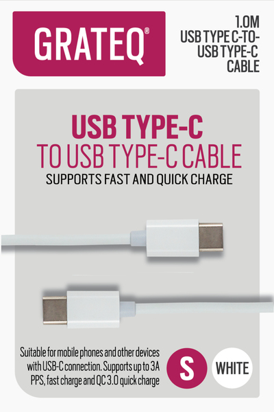 Grateq USB-C - USB-C Quick 100W - kabel, 1m, Vit
