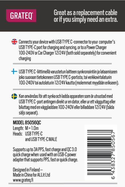 Grateq USB-C - USB-C Quick 100W - kabel, 1m, Vit