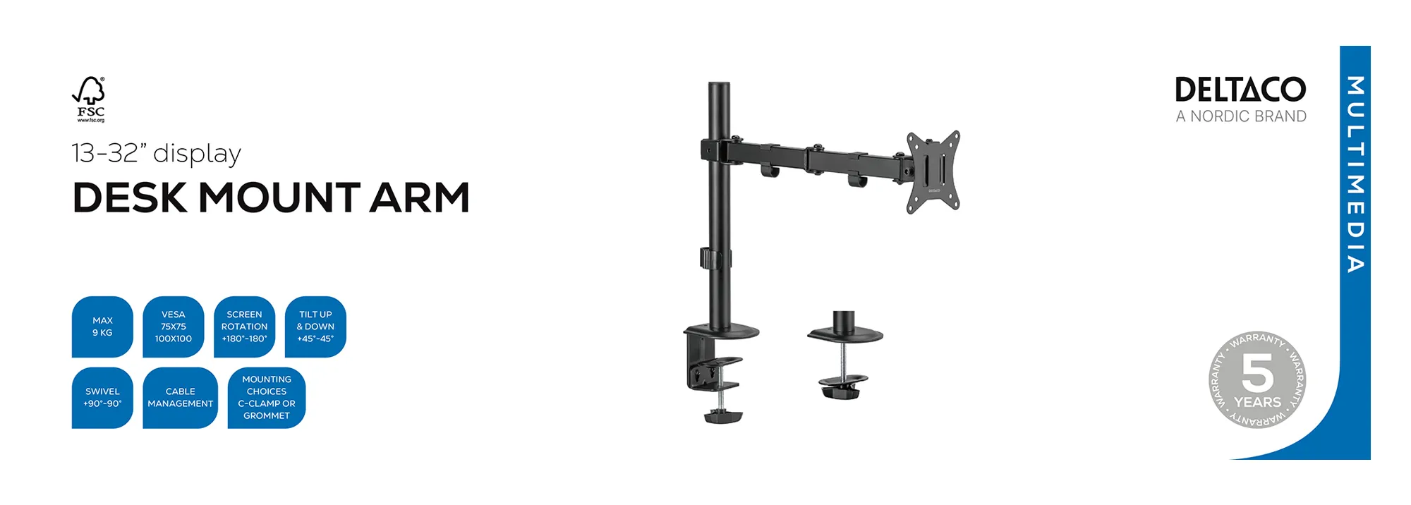 DELTACO ARM-0303-B bordf&auml;ste f&ouml;r 1 sk&auml;rm, 13-32", 9 kg, svart
