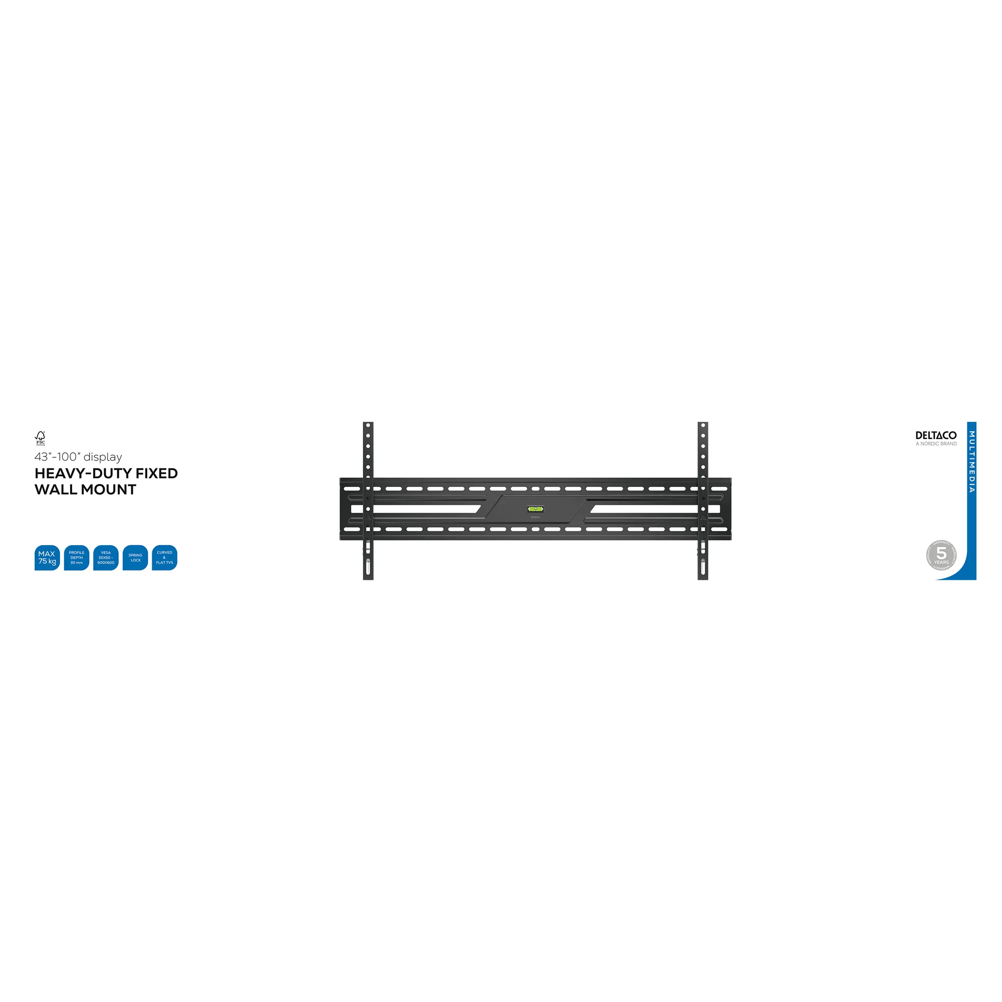 Deltaco ARM-1152-B Fixed Wall Mount, 43-100", 75 kg, Black