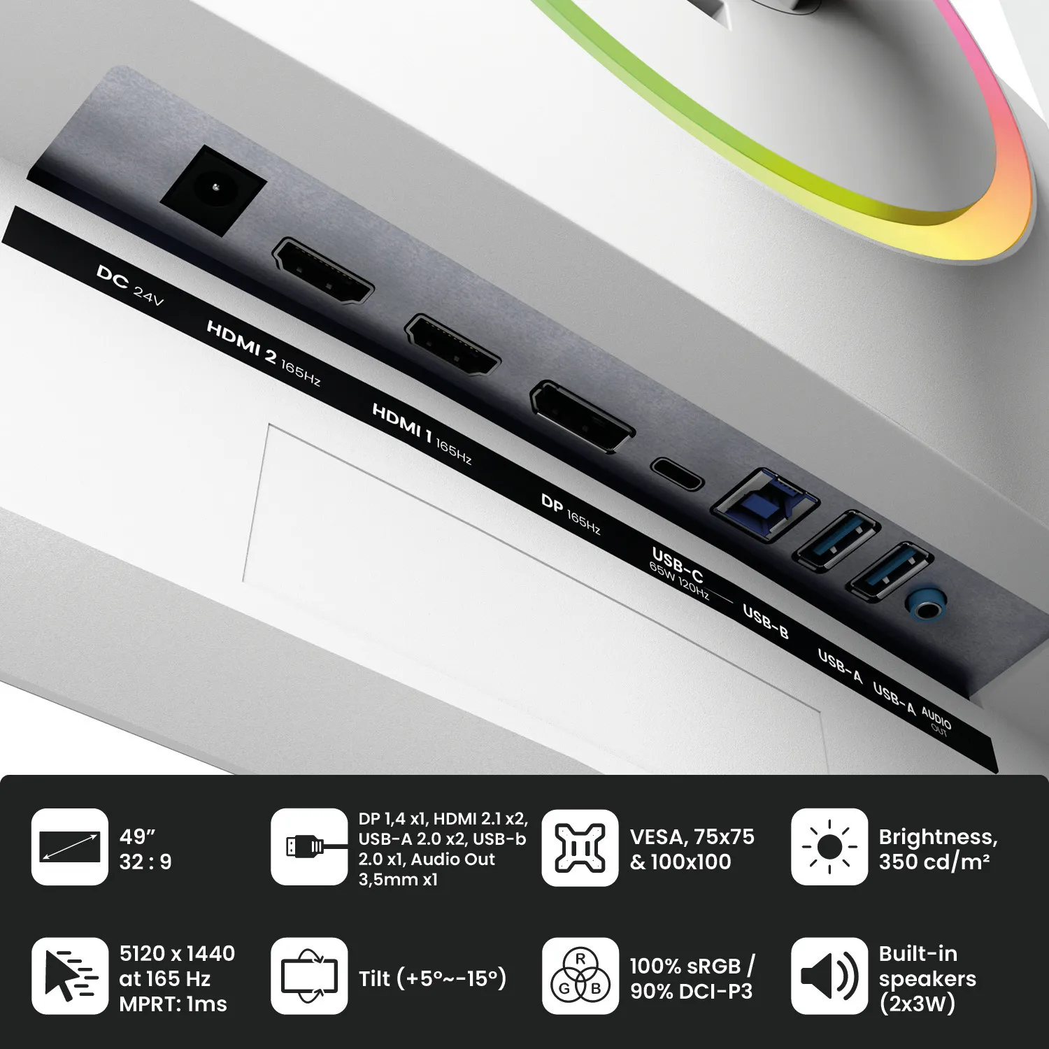 Arozzi Nova 49" DQHD, VA -kaareva pelin&auml;ytt&ouml;, USB-C hub, HDR, 165Hz