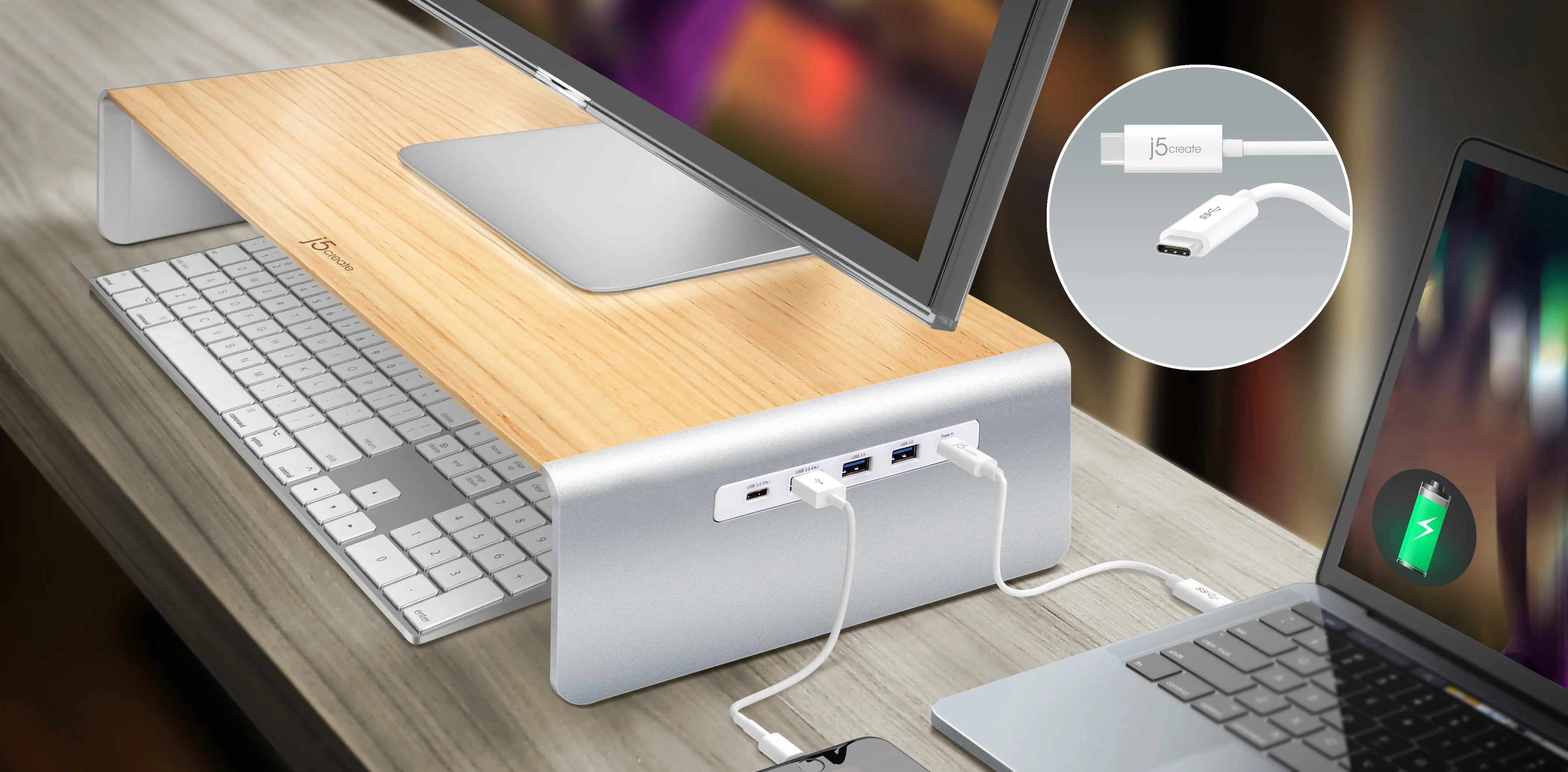 J5 Create WOOD MONITOR STAND WITH DOCKING - STATION