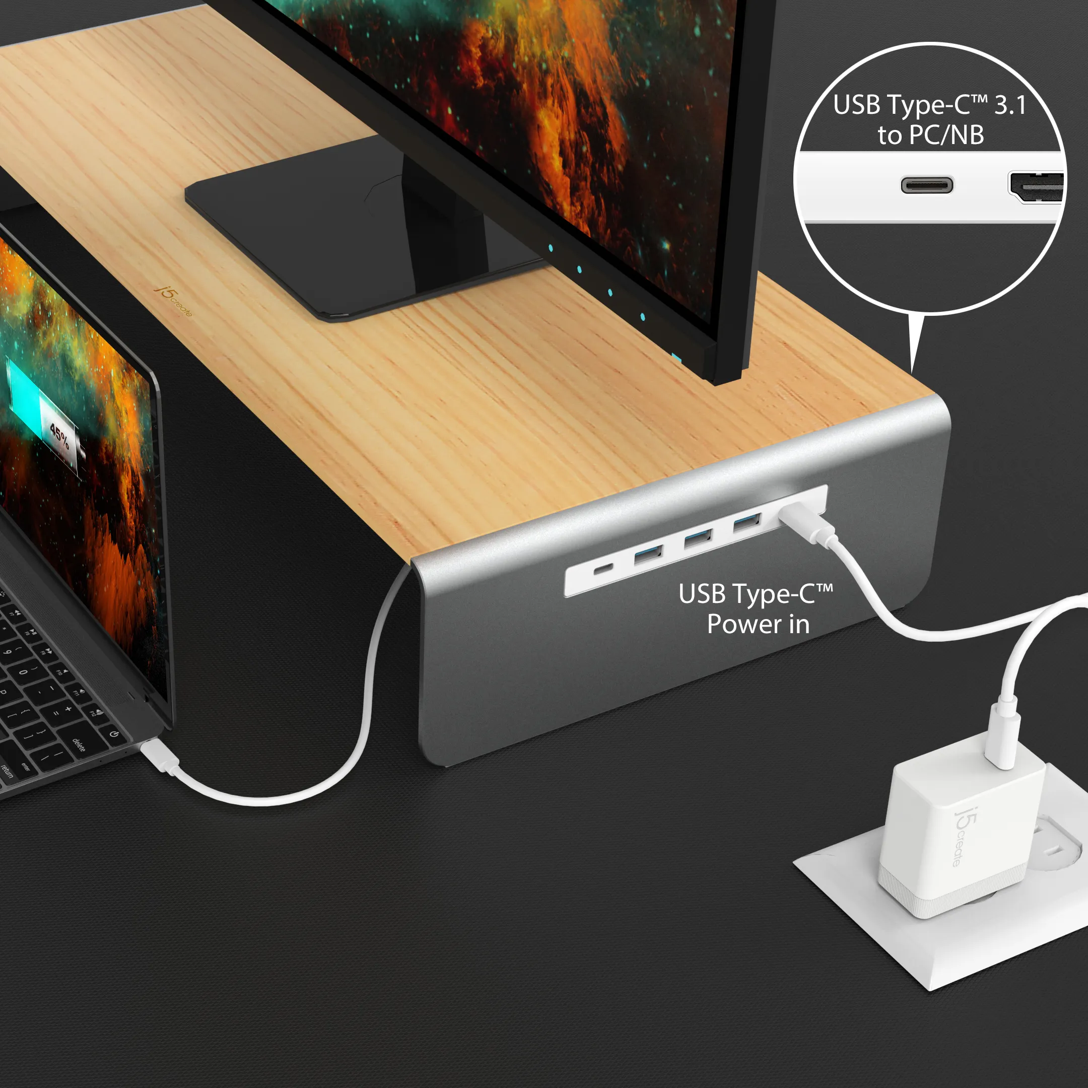 J5 Create WOOD MONITOR STAND WITH DOCKING - STATION