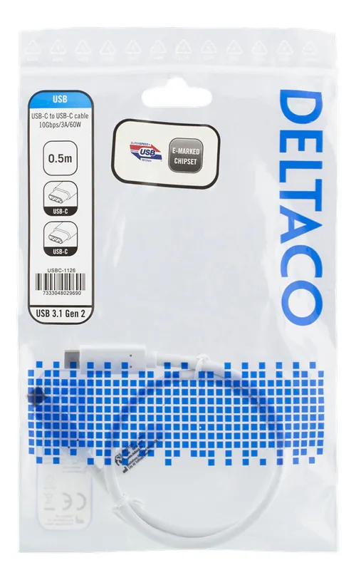 Deltaco USB-C &ndash; USB-C 3.2 Gen 2 -kaapeli, 0,5 m, Valkoinen