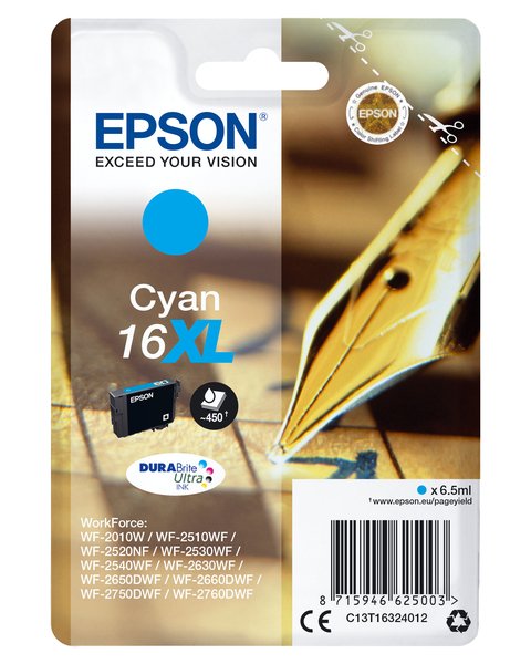 Epson 16XL - 6.5 ml - XL-koko - sinivihre&auml; - alkuper&auml;inen - blister RF:ll&auml;/&auml;&auml;nih&auml;lyttimell&auml; - mustepatruuna malleihin WorkForce WF-2010, 2510, 2520, 2530, 2540,