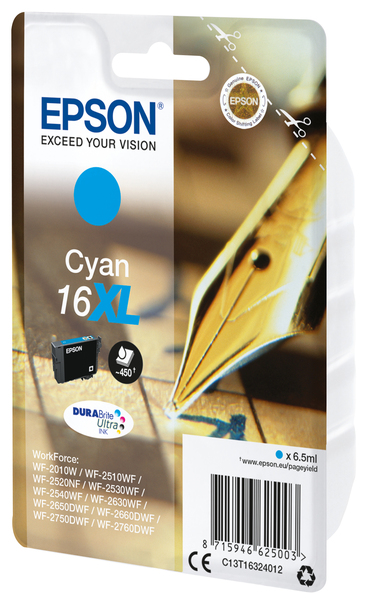 Epson 16XL - 6.5 ml - XL-koko - sinivihre&auml; - alkuper&auml;inen - blister RF:ll&auml;/&auml;&auml;nih&auml;lyttimell&auml; - mustepatruuna malleihin WorkForce WF-2010, 2510, 2520, 2530, 2540,