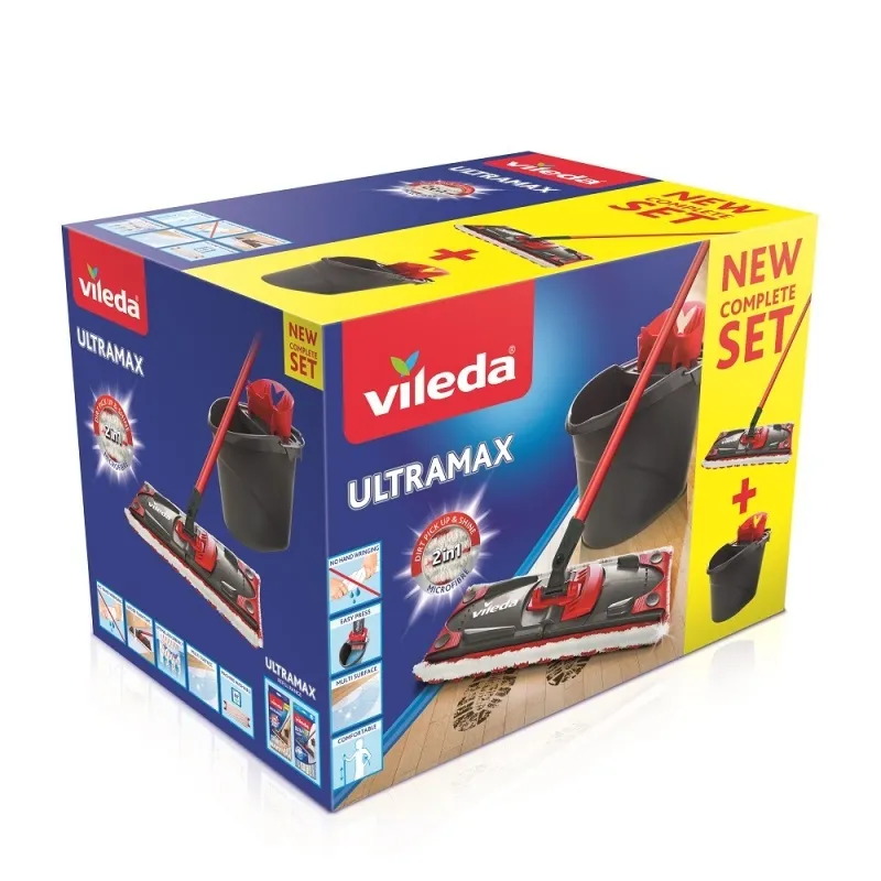 Vileda UltraMax mikrofiberplattmoppset med hink och urvridare, svart/r&ouml;d