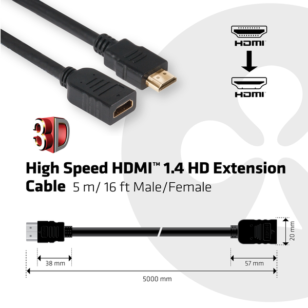 Club 3D  HDMI &ndash; HDMI 2.0 - cable, 5 m, Black