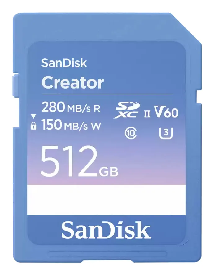 SanDisk Creator 512 Gt SDXC UHS-II U3 V60 -muistikortti, sininen