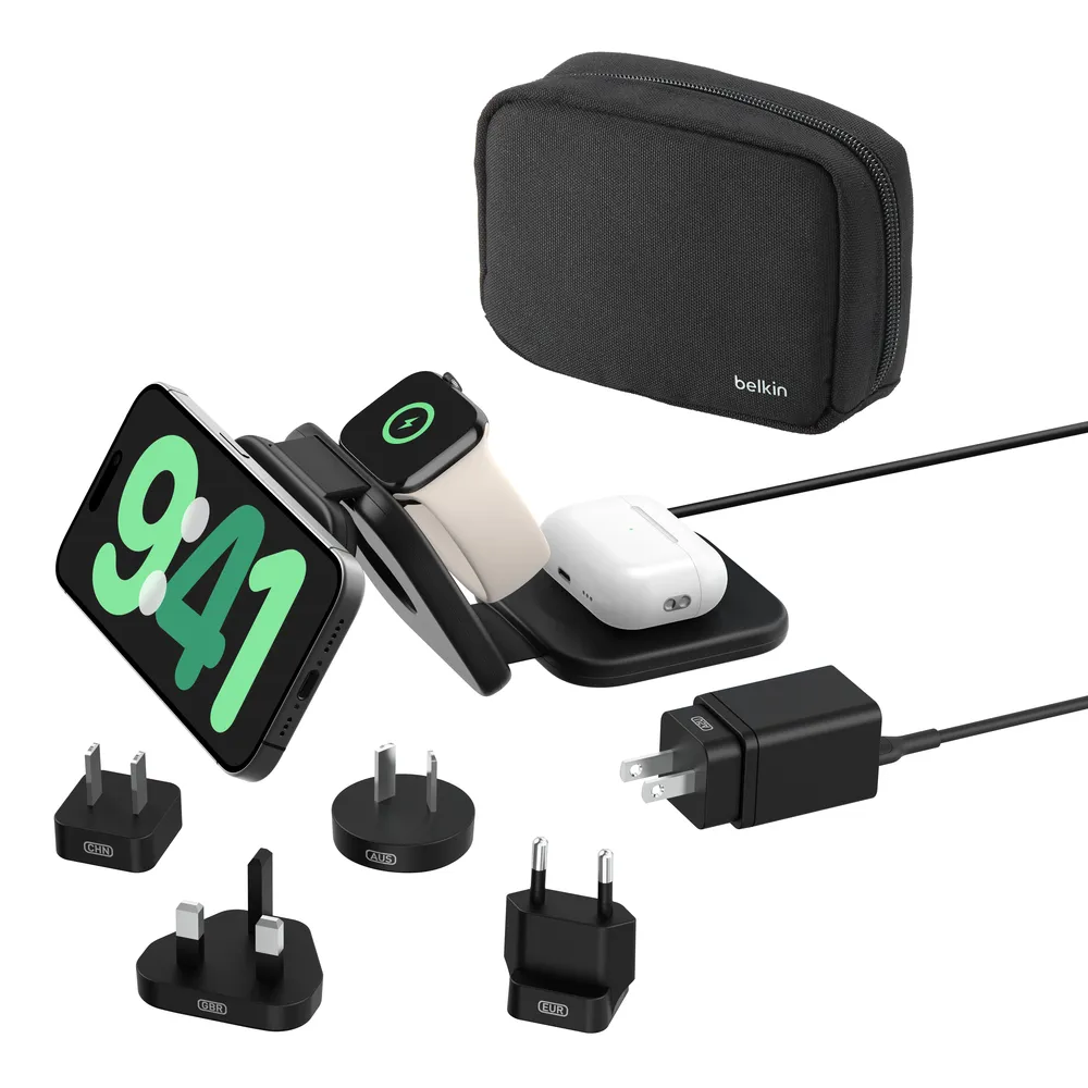 Belkin Boost Charge Pro 3 in 1 Folding Travel Wireless Charging Pad with Qi2 Magnetic 15w with travel tips - wireless charger, Black