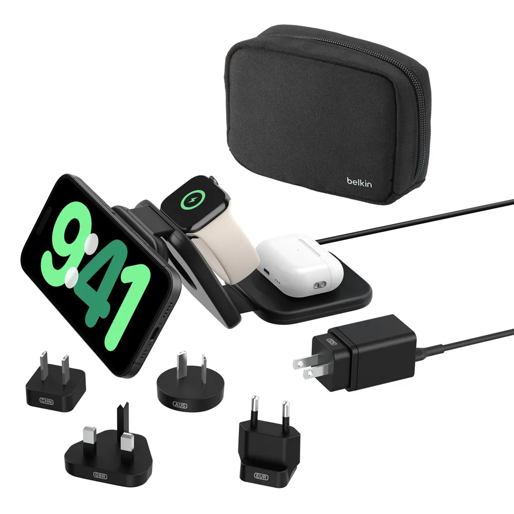 Belkin Boost Charge Pro 3 in 1 Folding Travel Wireless Charging Pad with Qi2 Magnetic 15w with travel tips - wireless charger, Black