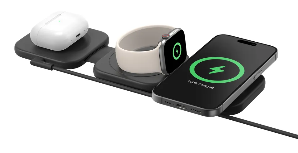 Belkin Boost Charge Pro 3 in 1 Folding Travel Wireless Charging Pad with Qi2 Magnetic 15w with travel tips - wireless charger, Black