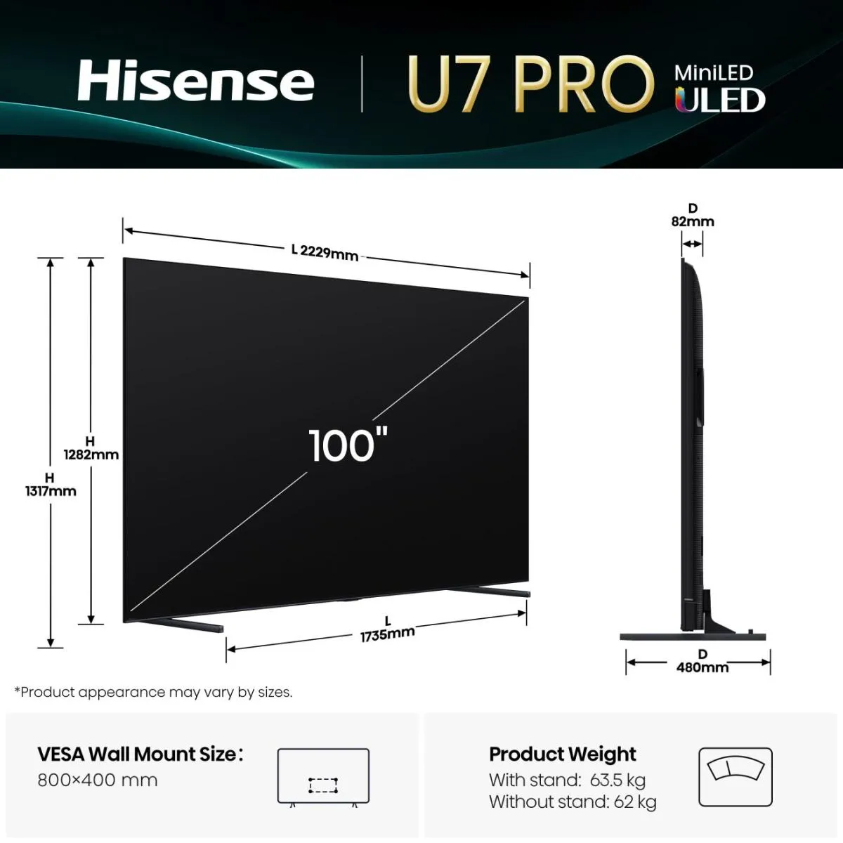 Hisense 100U7Q PRO 100" 4K Mini LED VIDAA TV, 165Hz, Dolby Vision IQ, HDR10+